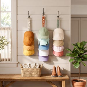 May include: Three hat organisers hanging on a wall, each holding a stack of baseball caps in various colours. The caps include shades of yellow, orange, green, blue, white, and pink. A woven basket and brown boots sit on a wooden bench below.