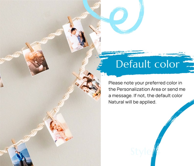 Peut inclure: Une guirlande en macram&eacute; blanche avec des photos accroch&eacute;es &agrave; l'aide de pinces &agrave; linge en bois. Les photos repr&eacute;sentent des personnes et sont de tailles diff&eacute;rentes. Le texte "Couleur par d&eacute;faut" est &eacute;crit en bleu sur un fond bleu. Le texte ci-dessous indique "Veuillez noter votre couleur pr&eacute;f&eacute;r&eacute;e dans la zone de personnalisation ou envoyez-moi un message. Si ce n'est pas le cas, la couleur par d&eacute;faut Naturel sera appliqu&eacute;e."