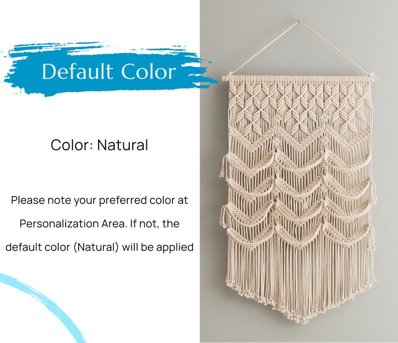 May include: A natural-colored macrame wall hanging with a geometric pattern. The hanging is made of cotton cord and has a fringe at the bottom. "Default Color: Natural" and "Color: Natural" are written in text on the image.