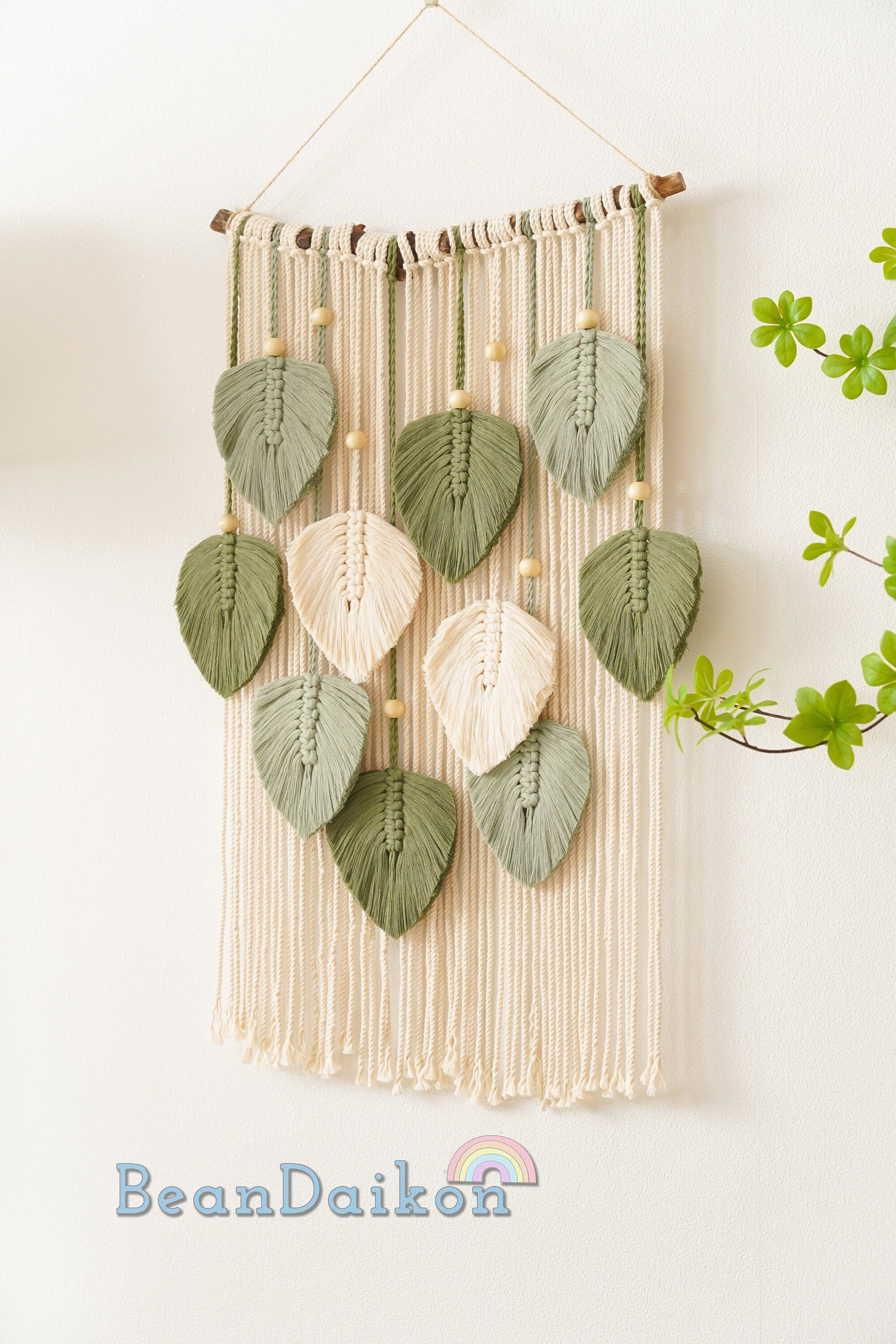 Green Leaves Macrame Wall Hanging Macrame Feather Wall Decor Etsy Canada