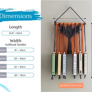 May include: A macrame wall hanging with a bat design in black and orange yarn. The hanging is 24.8 inches long and 16 to 40 inches wide, depending on the number of books used. The hanging can hold up to 12 books.