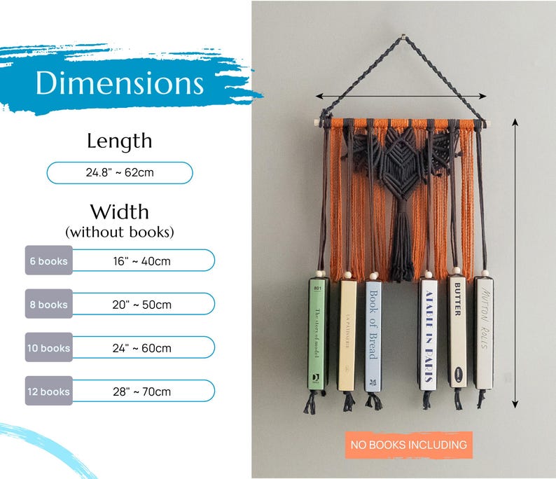 May include: A macrame wall hanging with a bat design in black and orange yarn. The hanging is 24.8 inches long and 16 to 40 inches wide, depending on the number of books used. The hanging can hold up to 12 books.