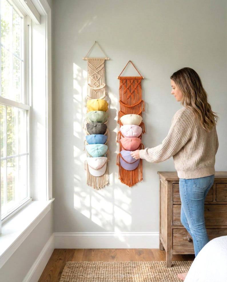 Macrame Cap Rack, Minimal Hat Hanger, Entryway Organizer, Cap Display, Wall Cap Hanger, Handmade Macrame H78 image 11