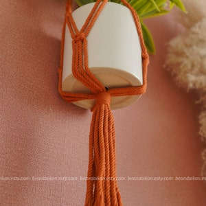 Peut inclure: Un porte-plante en macram&eacute; de couleur terre cuite avec un pot en c&eacute;ramique blanc et une plante verte. Le porte-plante a un pompon en bas.