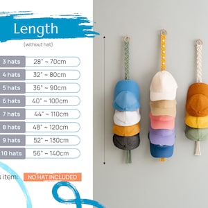 May include: A wall-mounted hat organizer with three macrame hangers, each holding multiple baseball caps. The caps are in various colors, including blue, white, and yellow. The text on the left indicates the length of the organizer based on the number of hats.