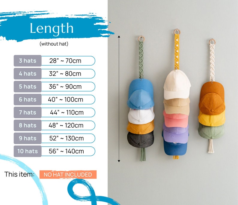 May include: A wall-mounted hat organizer with three macrame hangers, each holding multiple baseball caps. The caps are in various colors, including blue, white, and yellow. The text on the left indicates the length of the organizer based on the number of hats.