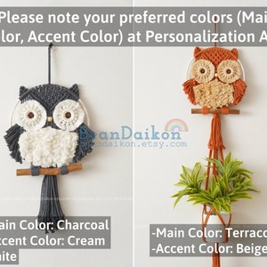 Peut inclure: Deux suspensions murales en macram&eacute; en forme de hibou, l'une en charbon de bois et blanc cr&egrave;me, l'autre en terre cuite et beige. Les deux hiboux ont une branche en bois et sont suspendus &agrave; un cordon en macram&eacute;.