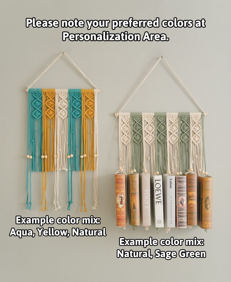 May include: Two macrame wall hangings with wooden dowels. The first is made with natural, yellow, and aqua coloured yarn. The second is made with natural and sage green yarn. Both hangings have wooden beads.