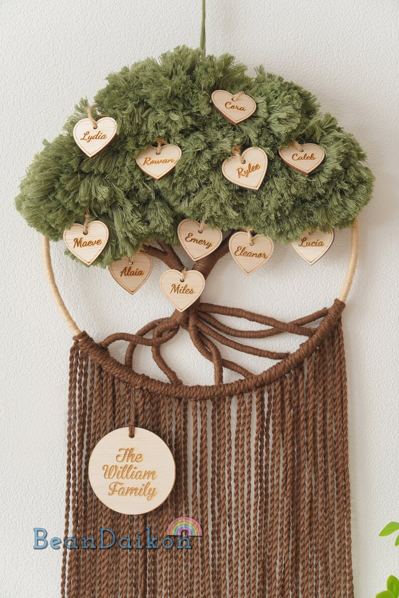 May include: A green yarn tree wall hanging with brown yarn roots and a circle of brown yarn fringe. The tree has wooden heart-shaped ornaments with names written on them, including Lydia, Cora, Rowan, Rylee, Maeve, Alaia, Emery, Miles, Eleanor, Caleb, and Lucia. A round wooden ornament at the bottom reads "The William Family".