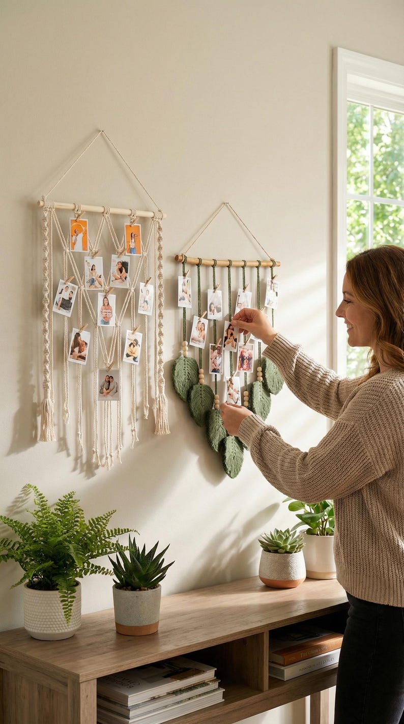 Suporte para fotos em macramê, expositor de fotos em estilo boho, decoração de parede para dormitório com colagem, expositor de fotos Instax, presentes de Natal, inclui prendedores de madeira H02 imagem 13
