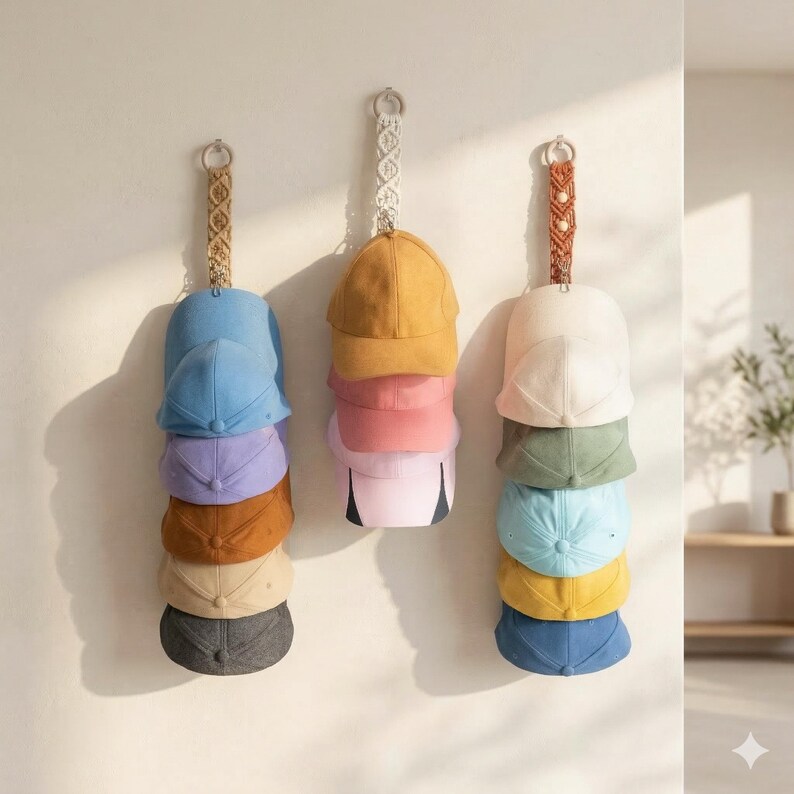 May include: Three wall-mounted hat organisers, each holding a stack of baseball caps in various colours. The caps include shades of blue, purple, brown, and yellow. The organisers have decorative woven straps.