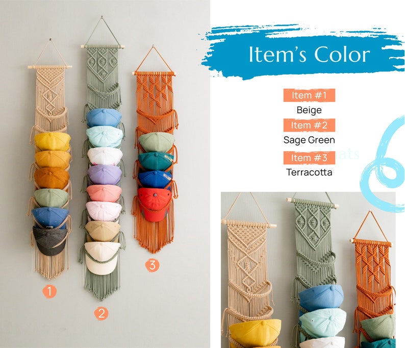 Macrame Cap Rack, Minimal Hat Hanger, Entryway Organizer, Cap Display, Wall Cap Hanger, Handmade Macrame H78 image 5