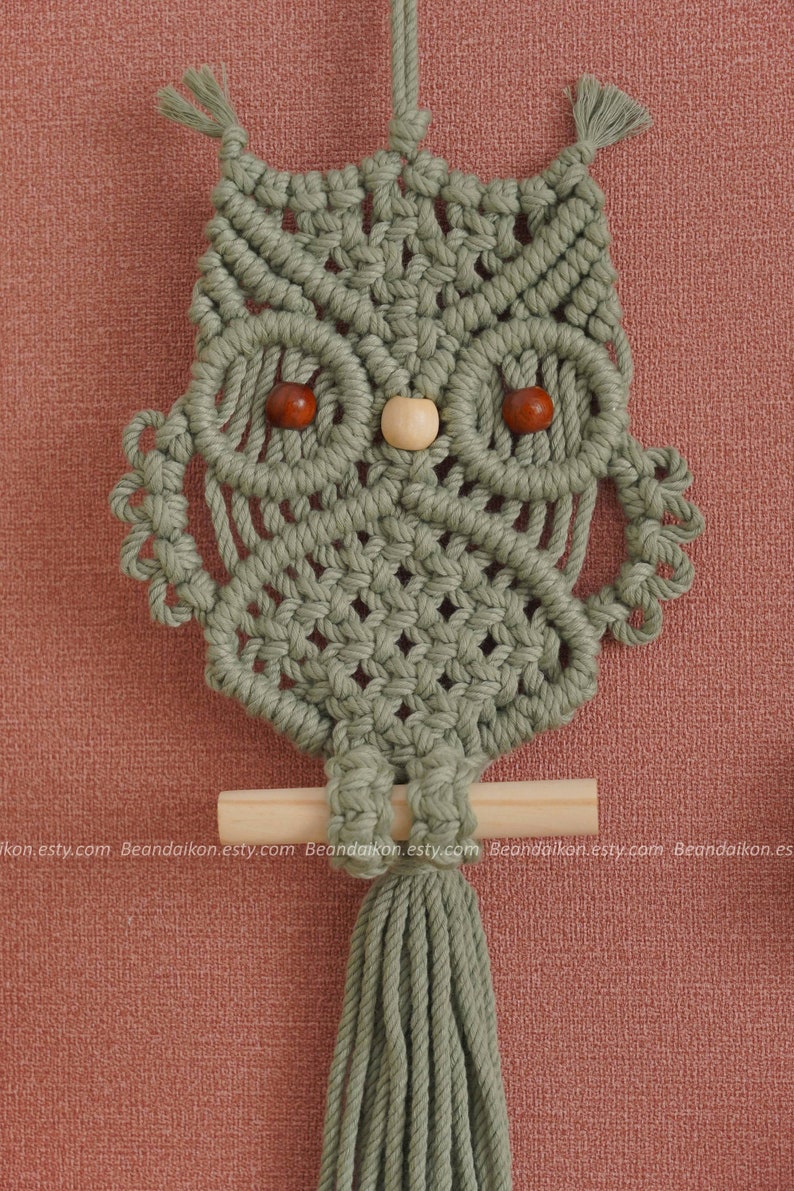 Peut inclure: D&eacute;coration murale en macram&eacute; en forme de hibou vert sauge. Le hibou a des yeux en perles de bois et un nez en perle de bois clair. Il est perch&eacute; sur une cheville en bois avec une touffe en dessous. Le fond est rose textur&eacute;.
