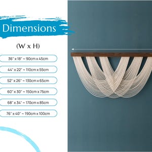 May include: A wall hanging featuring off-white cotton cords draped in multiple U-shaped layers from a horizontal dark brown wooden rod. A dimension chart lists sizes ranging from 36 inches by 18 inches up to 76 inches by 40 inches.
