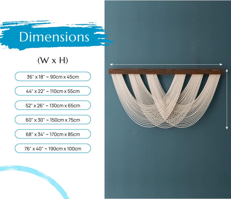 May include: A wall hanging featuring off-white cotton cords draped in multiple U-shaped layers from a horizontal dark brown wooden rod. A dimension chart lists sizes ranging from 36 inches by 18 inches up to 76 inches by 40 inches.