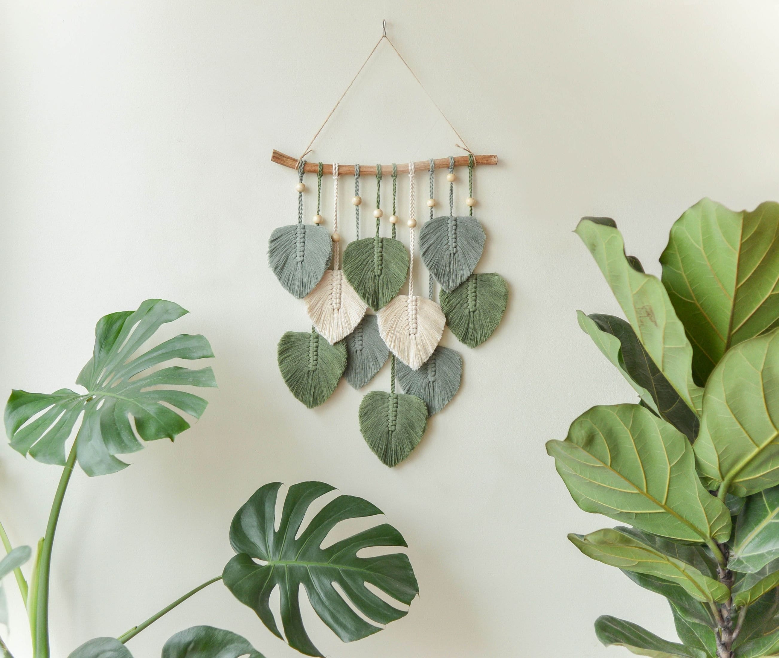 Green Leaves Macrame Wall Hanging, Macrame Feather, Farmhouse Wall Decor, Minimalist Wall Art, Boho Nursery Decor, Gift For The Home L02