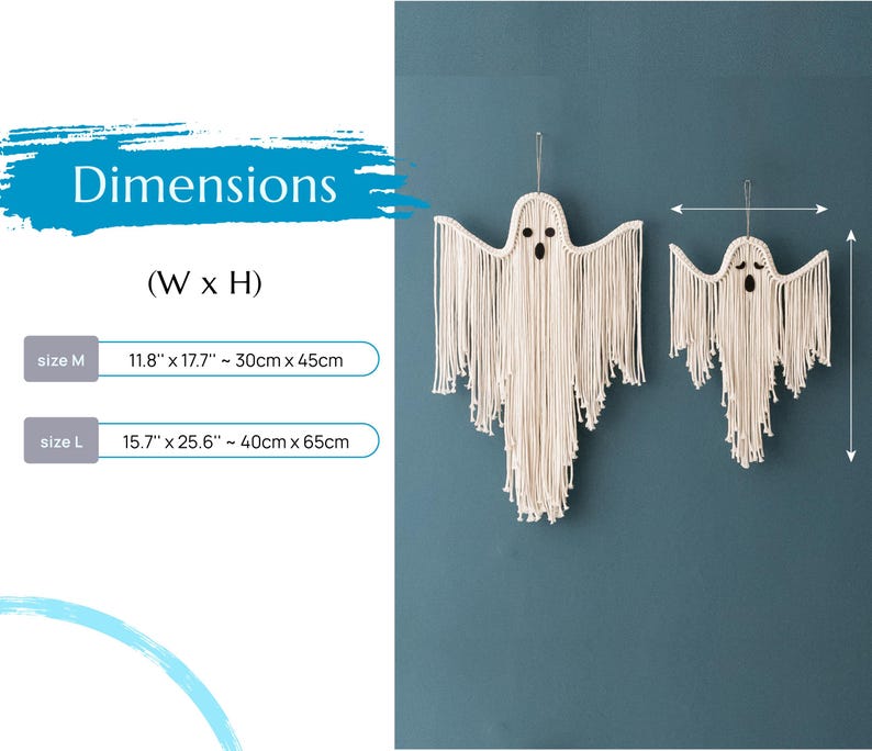May include: Two white macrame ghost wall hangings with black eyes. The larger ghost measures 15.7 inches wide by 25.6 inches tall, or 40 centimeters wide by 65 centimeters tall. The smaller ghost measures 11.8 inches wide by 17.7 inches tall, or 30 centimeters wide by 45 centimeters tall.