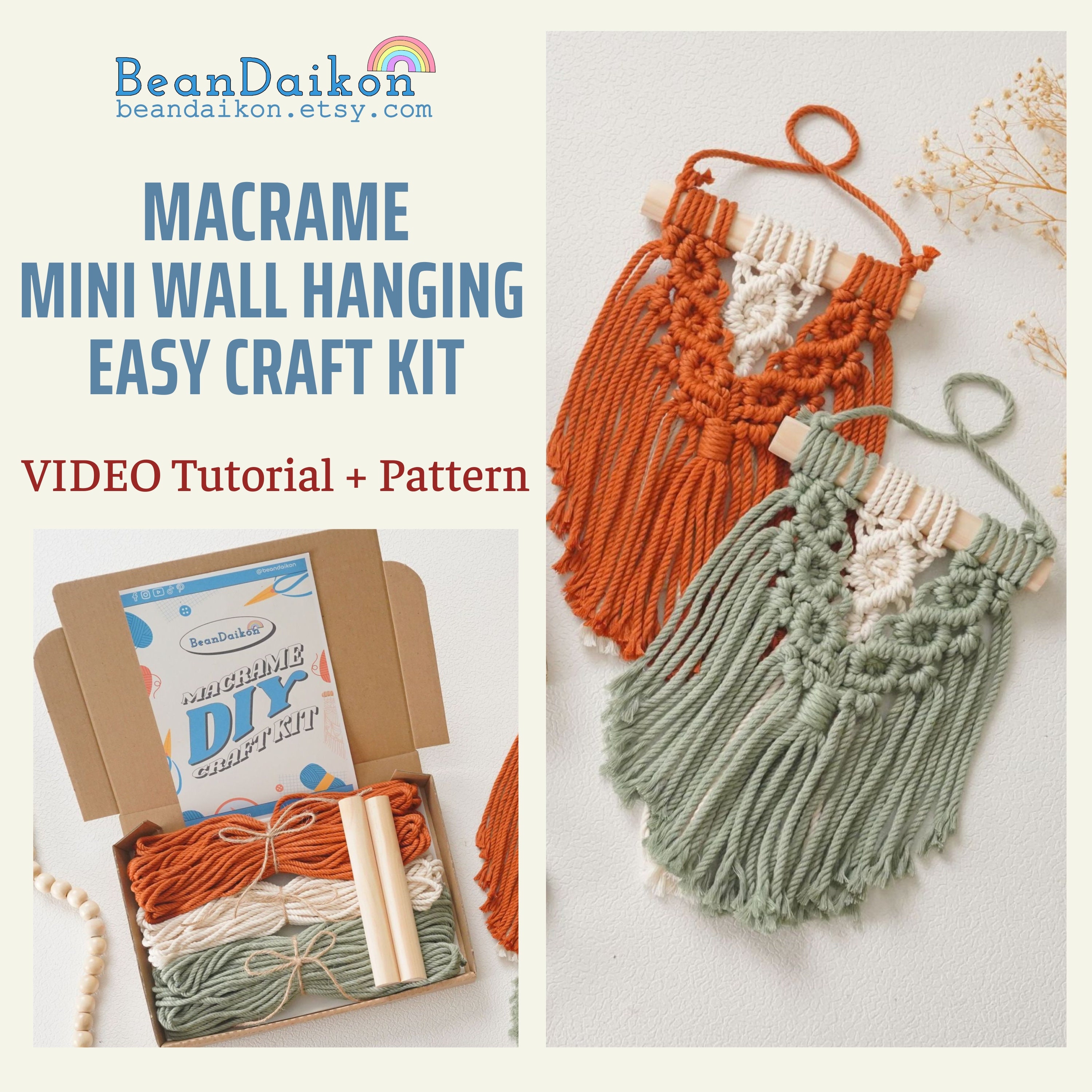 Macrame Kit, Makes 3 DIY Plant Hangers for Teens & Adult Beginners, Craft Supplies for Boho Art Project-3 Custom Color Macrame Cord, Wooden Rings 