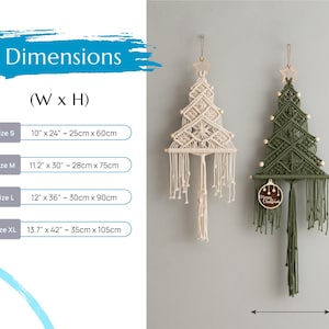 May include: Two macrame wall hangings shaped like Christmas trees, one cream and one olive green, featuring wooden star toppers and beads. Dimensions range from 25cm x 60cm to 35cm x 105cm. The green tree includes a round wooden ornament.