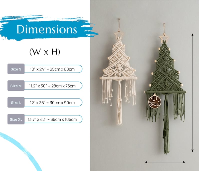 May include: Two macrame wall hangings shaped like Christmas trees, one cream and one olive green, featuring wooden star toppers and beads. Dimensions range from 25cm x 60cm to 35cm x 105cm. The green tree includes a round wooden ornament.