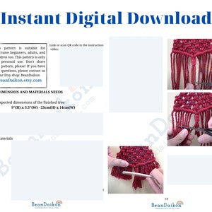 May include: A digital download pattern for a macrame tree, with instructions on how to make it. The finished tree is 9 inches tall and 5.5 inches wide. The pattern is suitable for beginners, adults, and children.