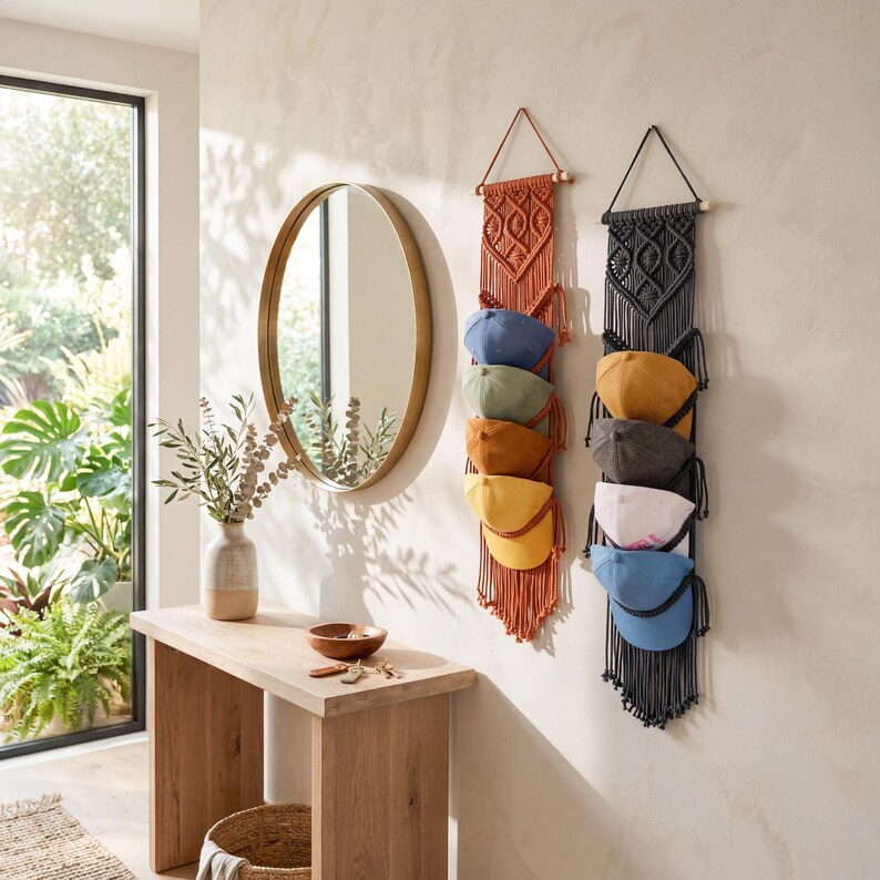 May include: Two macrame hat organizers in rust and black hang on a wall, each holding several baseball caps in various colors. A gold-framed oval mirror and a wooden console table with a vase and bowl are also visible.