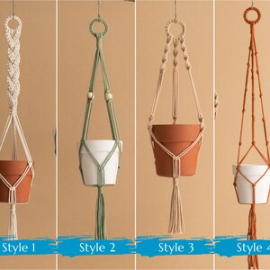 May include: Four different styles of macrame plant hangers. The hangers are made with natural cotton rope and feature different knot patterns. Each hanger is shown with a terracotta pot.