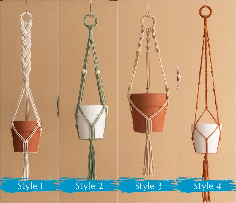 May include: Four different styles of macrame plant hangers. The hangers are made with natural cotton rope and feature different knot patterns. Each hanger is shown with a terracotta pot.