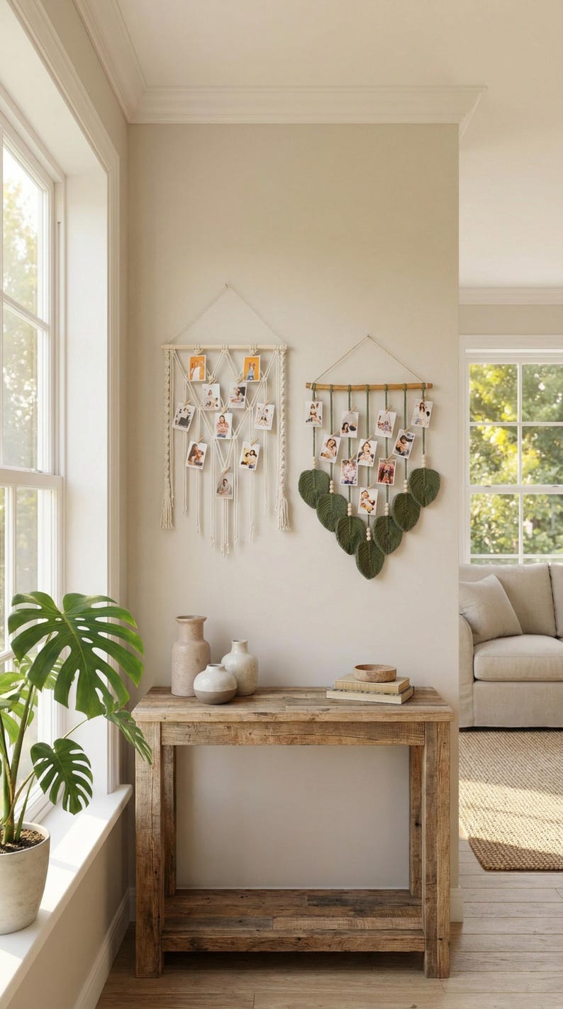 Suporte para fotos em macramê, expositor de fotos em estilo boho, decoração de parede para dormitório com colagem, expositor de fotos Instax, presentes de Natal, inclui prendedores de madeira H02 imagem 14