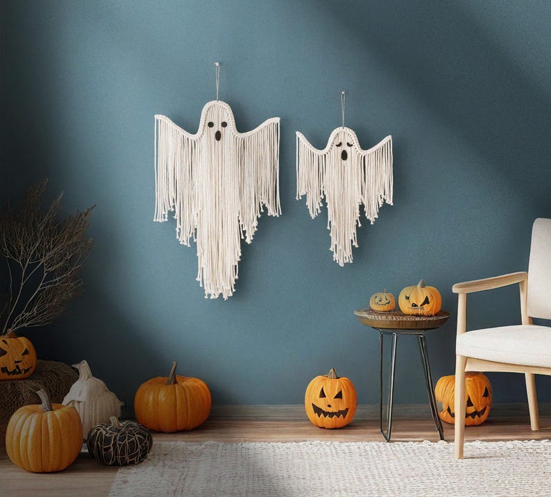 Macrame Ghost, Witchy Decor, Retro Halloween, Spooky Wall Art, Gifts For Goths, Hanging Decoration, Ghost Wall Decor, Cute Halloween V73 image 6