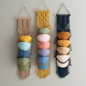 Macrame Cap Rack, Minimal Hat Hanger, Entryway Organizer, Cap Display, Wall Cap Hanger, Handmade Macrame H78 image 1