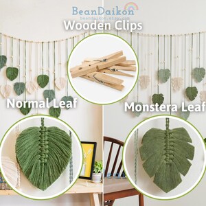 K&ouml;nnte beinhalten: Ein Satz Holzclips zum Aufh&auml;ngen von Makramee-Wanddekoration. Die Clips sind mit einer gr&uuml;nen Makramee-Bl&auml;tter mit Monstera-Blattdesign und einem gr&uuml;nen Makramee-Blatt mit einer einfachen Herzform abgebildet. Der Text "Normal Leaf" und "Monstera Leaf" ist unter den Bl&auml;ttern zu sehen.