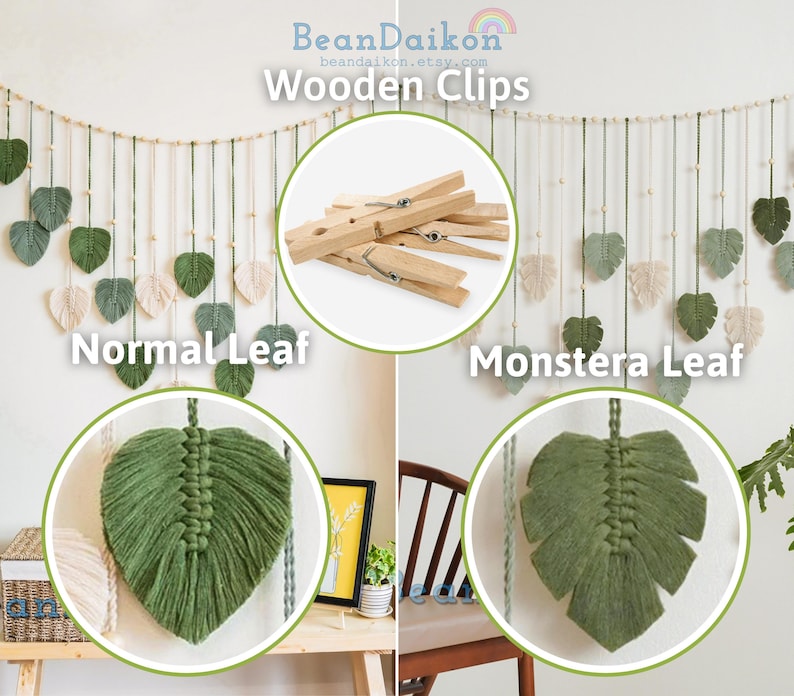 K&ouml;nnte beinhalten: Ein Satz Holzclips zum Aufh&auml;ngen von Makramee-Wanddekoration. Die Clips sind mit einer gr&uuml;nen Makramee-Bl&auml;tter mit Monstera-Blattdesign und einem gr&uuml;nen Makramee-Blatt mit einer einfachen Herzform abgebildet. Der Text "Normal Leaf" und "Monstera Leaf" ist unter den Bl&auml;ttern zu sehen.