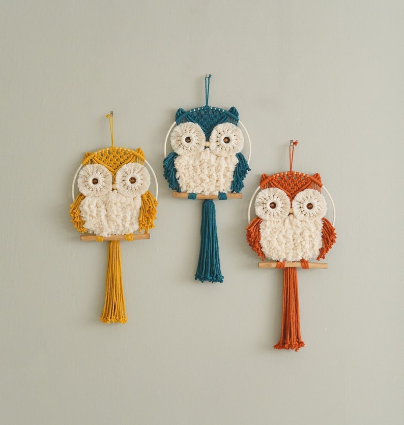 Peut inclure: Trois suspensions murales en macram&eacute; en forme de hibou avec des glands de diff&eacute;rentes couleurs. Les hiboux sont blancs avec des yeux noirs et sont encadr&eacute;s dans un cercle. Les glands sont jaunes, bleus et orange.