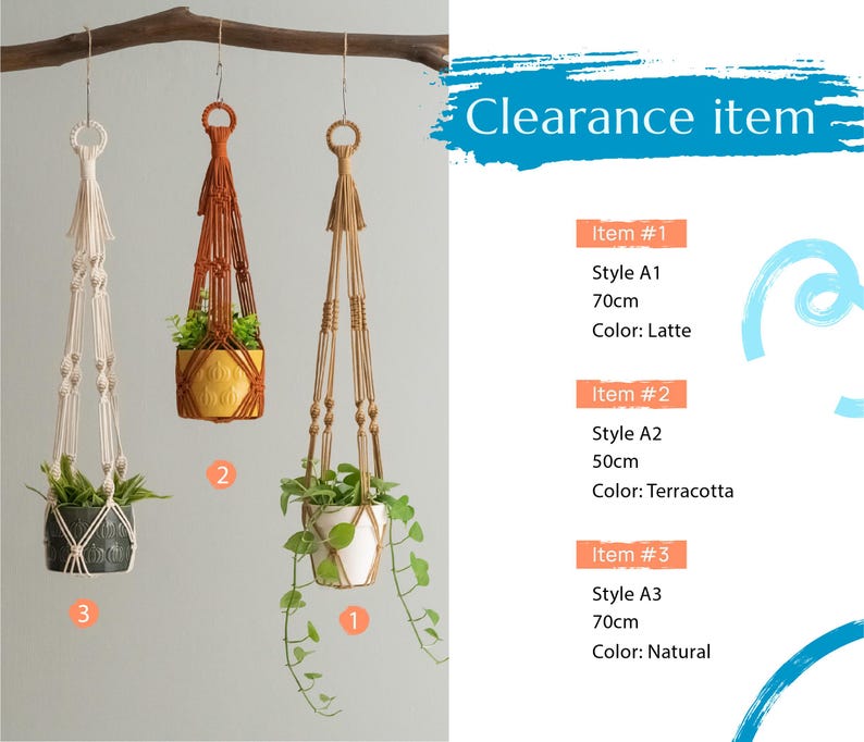 May include: Three macrame plant hangers with different colored cords and plants. The hangers are 50cm and 70cm long. The colors are latte, terracotta, and natural.