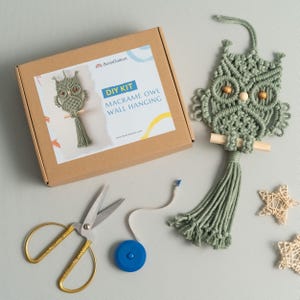 Puede incluir: Un kit de manualidades para colgar un búho de macramé en una caja de cartón con la etiqueta BeanDaikon DIY KIT MACRAME OWL WALL HANGING, junto a un búho de macramé verde salvia, tijeras con mangos dorados, cinta métrica azul y dos estrellas de ratán.