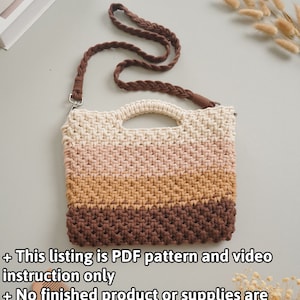 May include: A crocheted bag with a brown strap. The bag is made with a multi-colored yarn in shades of beige, pink, brown, and dark brown. The bag has a top handle and a shoulder strap.  + This listing is PDF pattern and video instruction only + No finished product or supplies are included