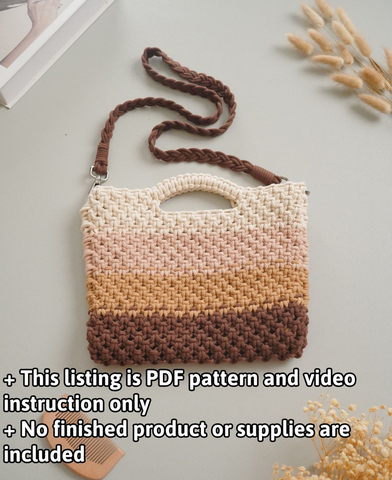May include: A crocheted bag with a brown strap. The bag is made with a multi-colored yarn in shades of beige, pink, brown, and dark brown. The bag has a top handle and a shoulder strap.  + This listing is PDF pattern and video instruction only + No finished product or supplies are included