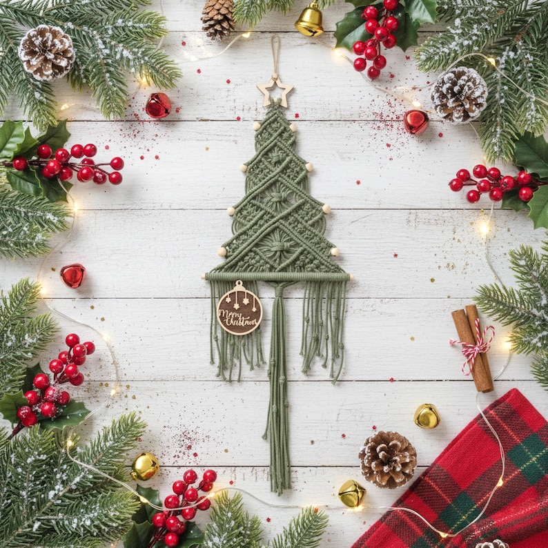 May include: A sage green macrame wall hanging shaped like a Christmas tree, featuring a wooden star at the top, small wooden beads along the sides, and a round wooden ornament with the text Merry Christmas hanging from the bottom.