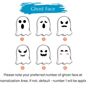 May include: Six different ghost face options for Halloween. The faces are numbered 1 through 6. The text says "Ghost Face" and "Please note your preferred number of ghost face at Personalization Area. If not, default - number 1 will be applied."