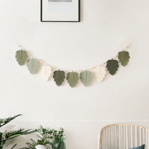 Safari Nursery Decor Leaves Garland, Macrame Boho Bunting, Jungle Nursery Decor, Green Leaf Vines, Macrame Wall Hanging, Farmhouse Decor H34