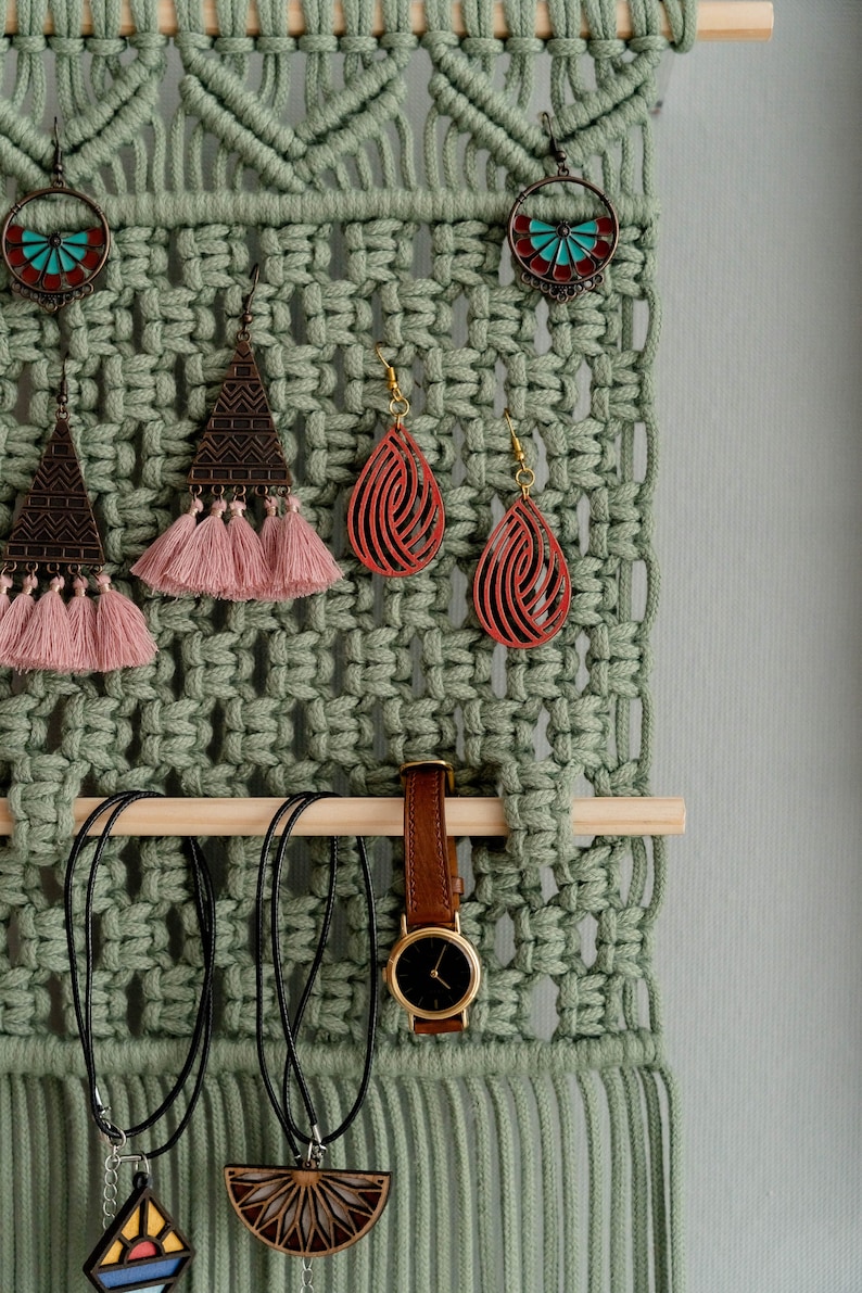 Macrame Earring Holder, Bathroom Decor, Necklace Hanger, Boho Jewelry Holder, Girls Room Decor, Gift For Daughter, Macrame Earring I82 image 9