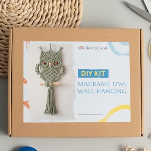 May include: A rectangular cardboard box containing a DIY kit for a macrame owl wall hanging. The label features a sage green macrame owl with wooden bead eyes perched on a dowel, with the text BeanDaikon, DIY KIT, and MACRAME OWL WALL HANGING.
