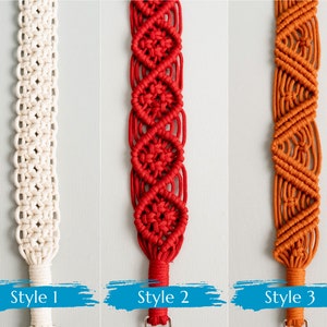 May include: Three styles of macrame camera straps. The first strap is white, the second is red, and the third is orange.