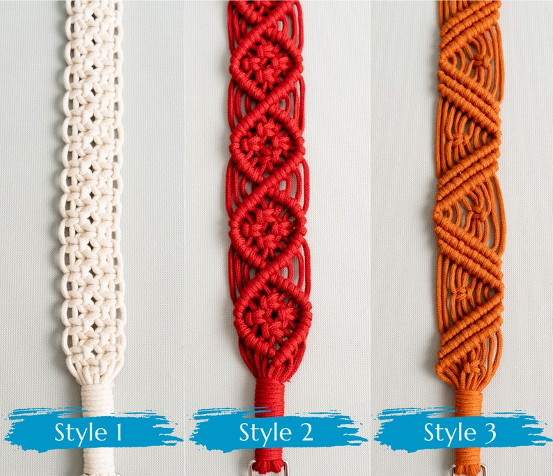 May include: Three styles of macrame camera straps. The first strap is white, the second is red, and the third is orange.