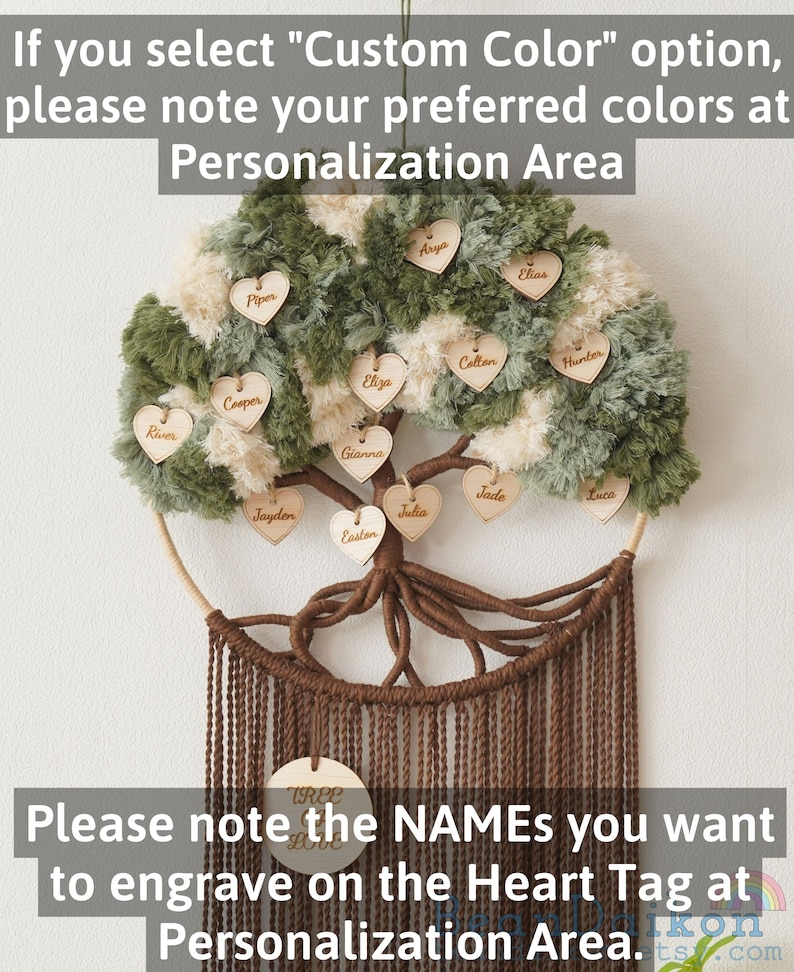 May include: A brown macrame wall hanging in the shape of a tree with green and white pom poms. The tree has 14 heart-shaped wooden tags with names written on them. The bottom of the tree has a brown macrame fringe. A round wooden tag with the word "TREE" is hanging from the fringe.