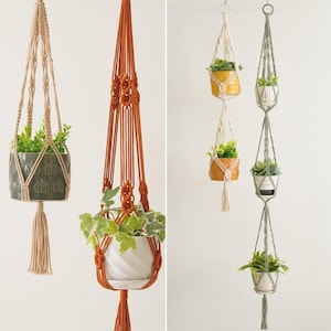 May include: Macramé plant hangers in beige, rust, and green, each holding a potted plant. The beige hanger has a grey pot with a pumpkin design. The rust hanger holds a white pot. The green hangers hold white and yellow pots.