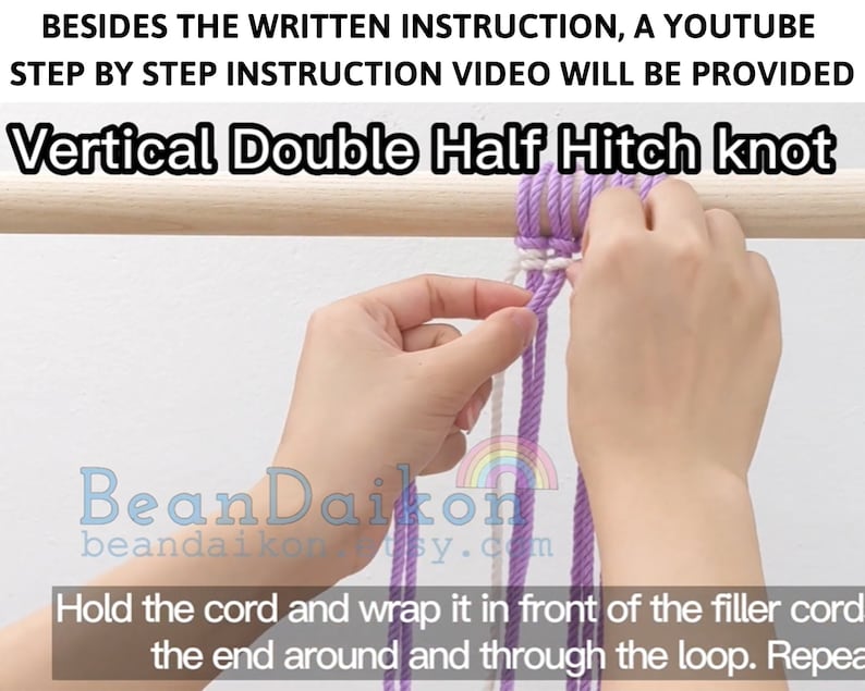 May include: A close-up of a hand tying a vertical double half hitch knot with purple and white yarn. The text "Vertical Double Half Hitch knot" is at the top of the image. The text "Bean Daikon" is at the bottom of the image.