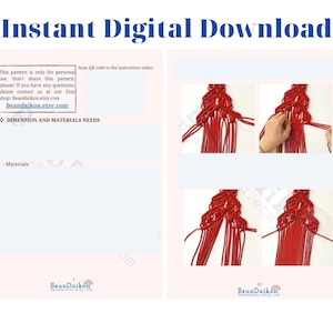 May include: A digital download pattern for a red macrame wall hanging. The pattern includes instructions and images showing how to create the wall hanging. The pattern is available for purchase on Etsy.