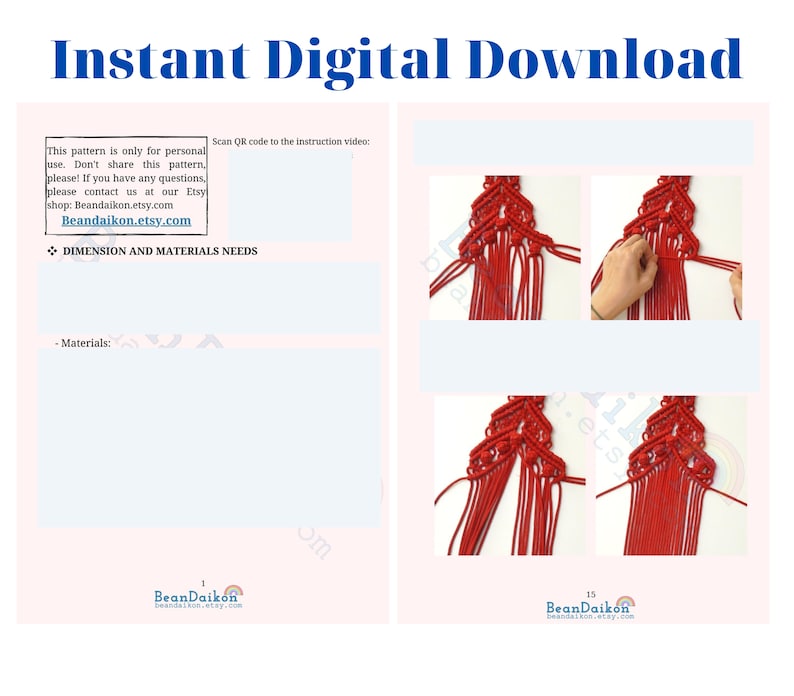 May include: A digital download pattern for a red macrame wall hanging. The pattern includes instructions and images showing how to create the wall hanging. The pattern is available for purchase on Etsy.